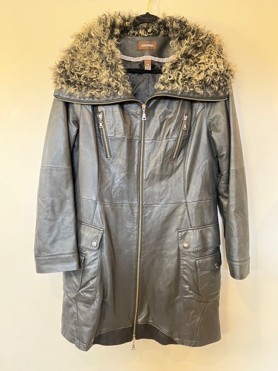 Danier Jackets & Blazers - Danier Grey Leather Coat with Curly Fur Collar